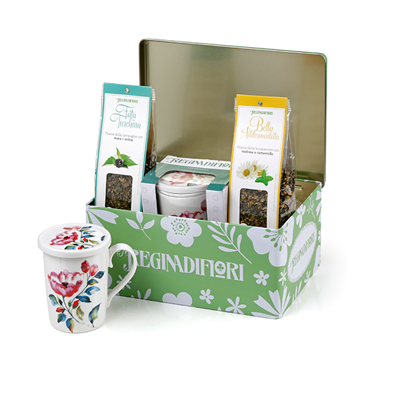 Green Tin Regina di Fiori infuser + 60g herbal tea - Tea & Caramel Shop